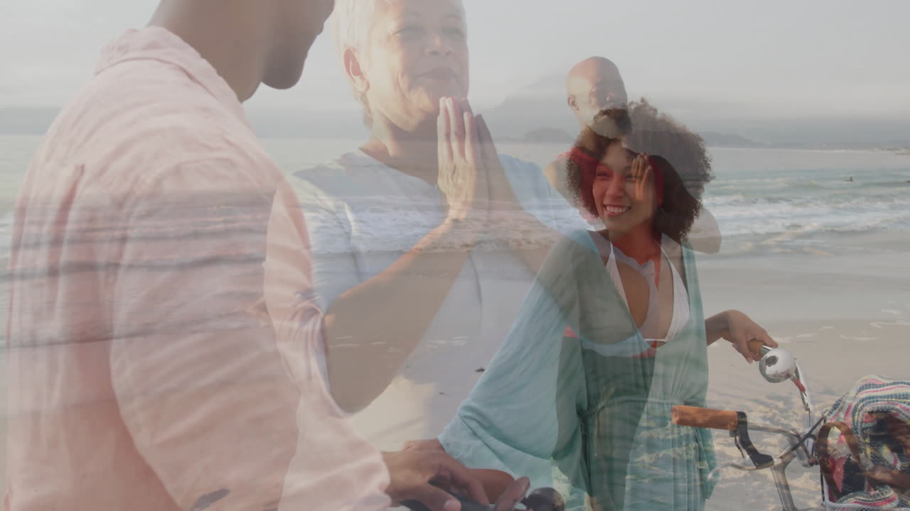 At beach, people cycling and meditating with animation overlay activities