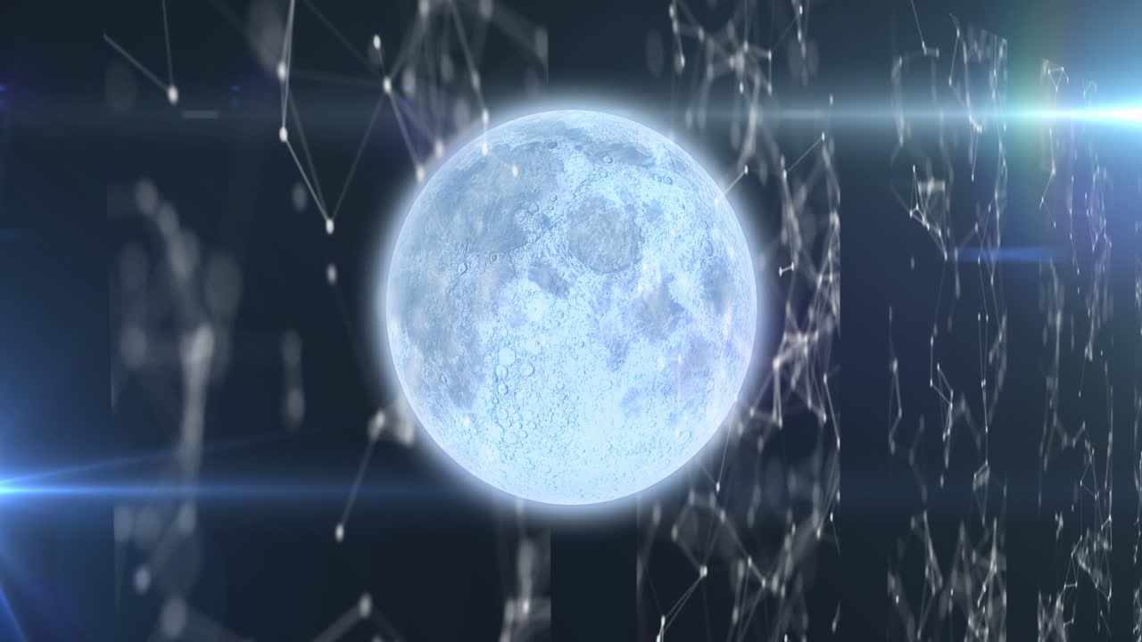 анимация планеты земля с светящимся точком света над вращающимися сетями соединений