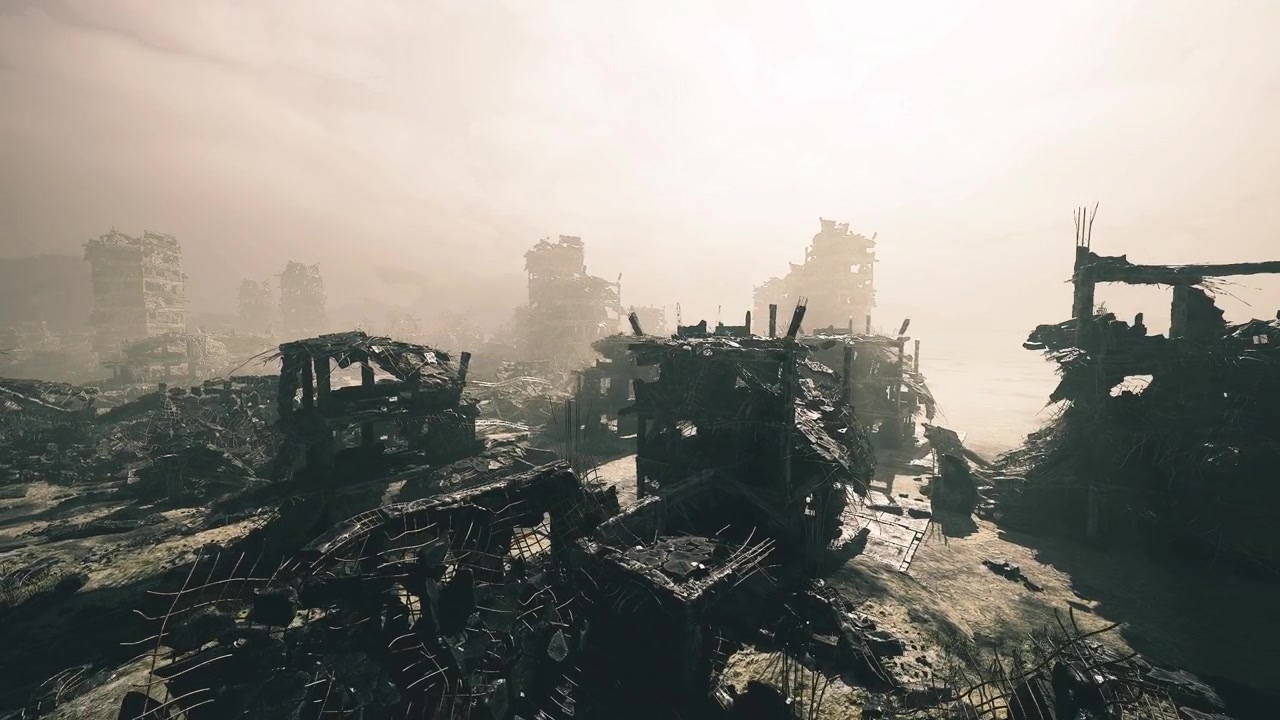 Viaggio silenzioso attraverso una landa desolata nebbiosa con ombre in movimento e tracce