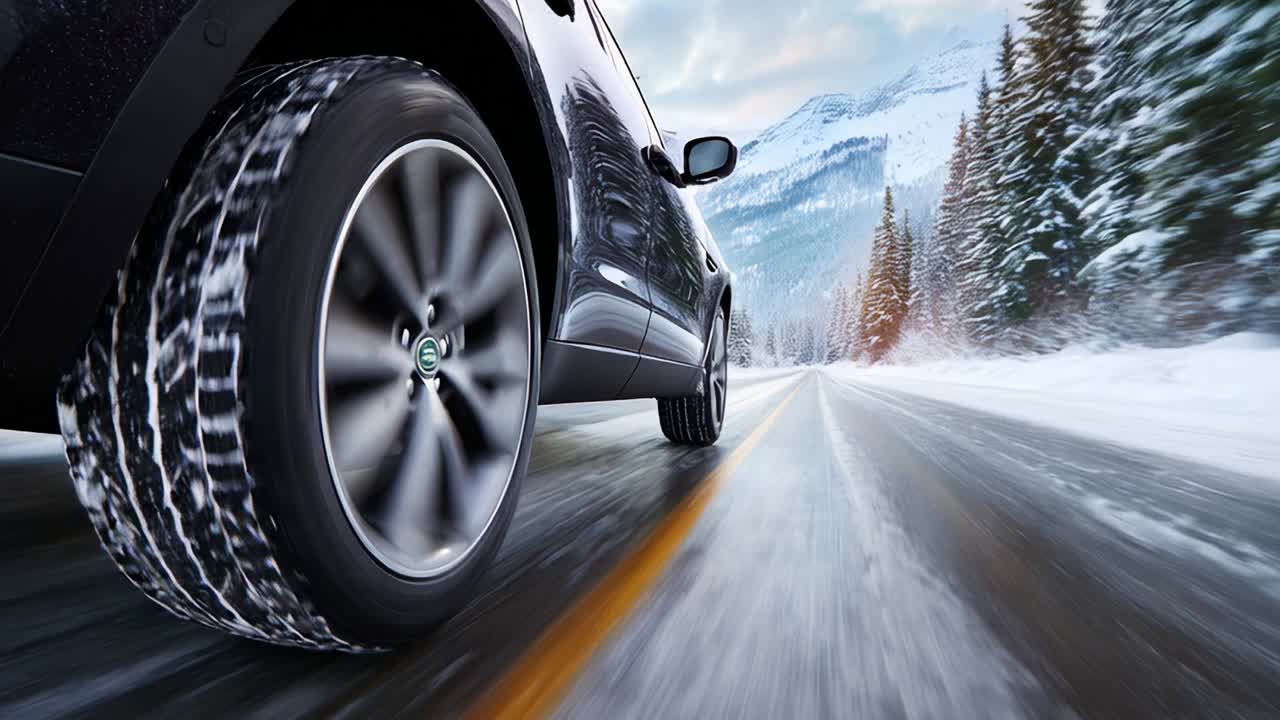 A sleek vehicle glides effortlessly along a snow-covered road, showcasing dynamic motion as its tires grip the icy surface, surrounded by majestic winter scenery and towering evergreen trees