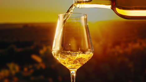 orange or white wine bottle and glass against a sunset in a peaceful vineyard, pouring of ecological natural wine.