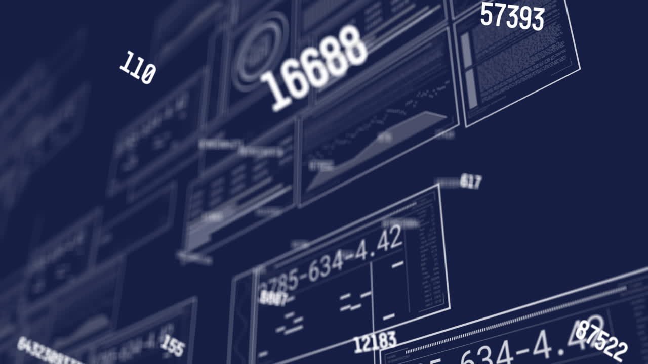 Animation of interface with data processing and multiple changing numbers against blue background