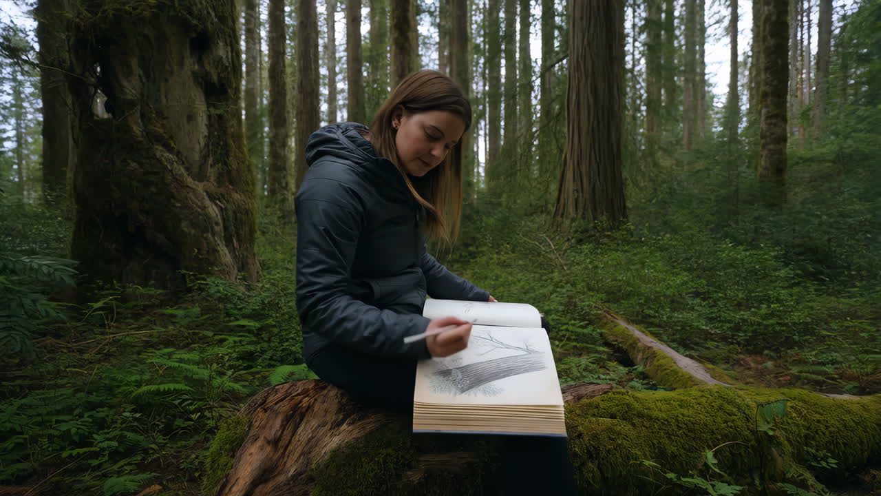Woman drawing in a sketchbook in a forest