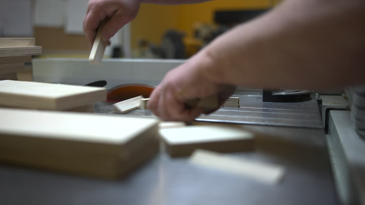 Carpintero caucásico alineando paneles para encolar, primer plano de manos apilando tablas cortadas cerca de la sierra, midiendo.