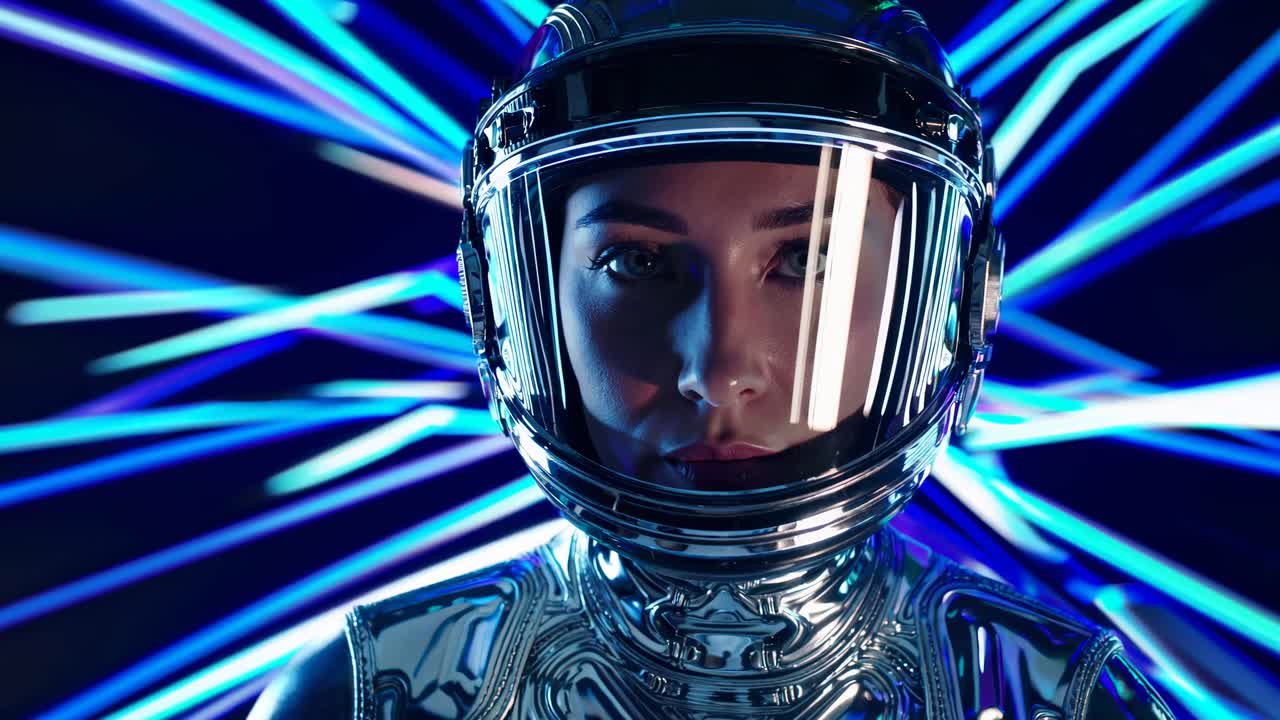 Concept video futuristico con primo piano di una persona con un casco riflettente e luci al neon