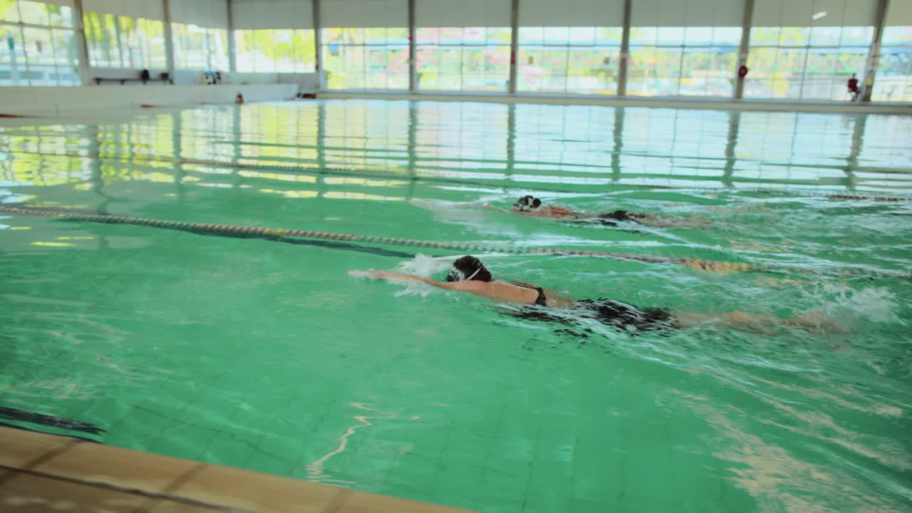 People swimming laps in an indoor swimming pool