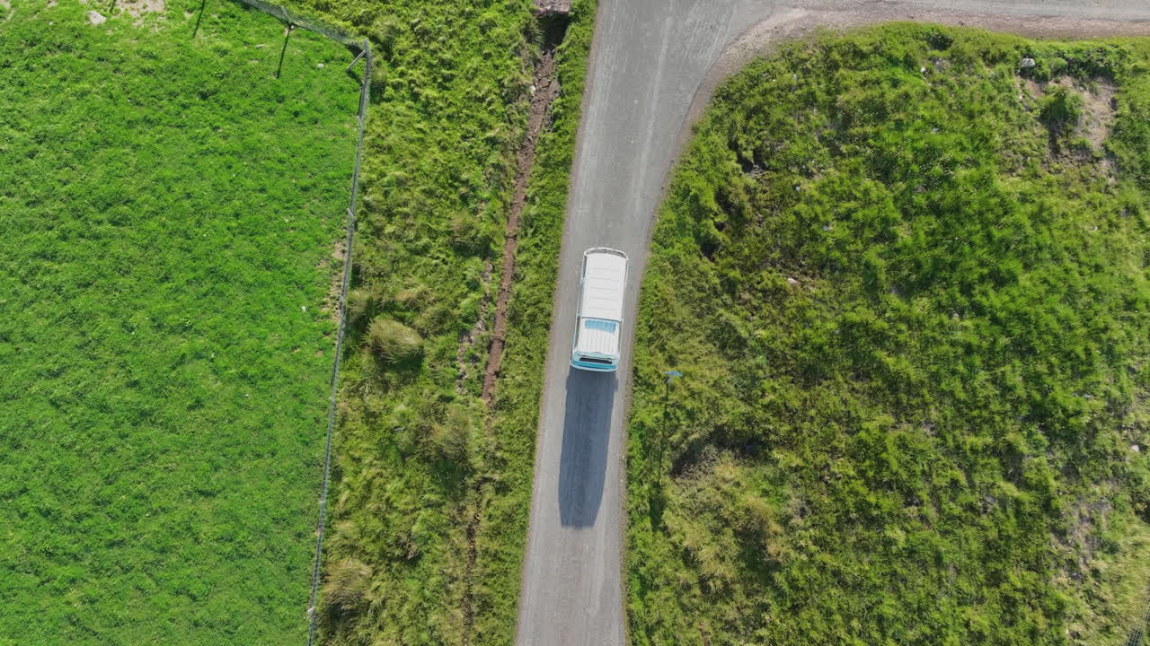 Top-down drone view of a white camper van driving along a narrow rural road in the Scottish Highlands. Captured on the North Coast 500, symbolising freedom, travel, and scenic adventure in nature