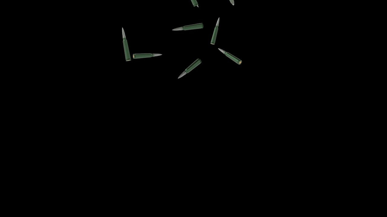 많은 소총 총알이 느린 속도로 떨어지고, 검은 바탕