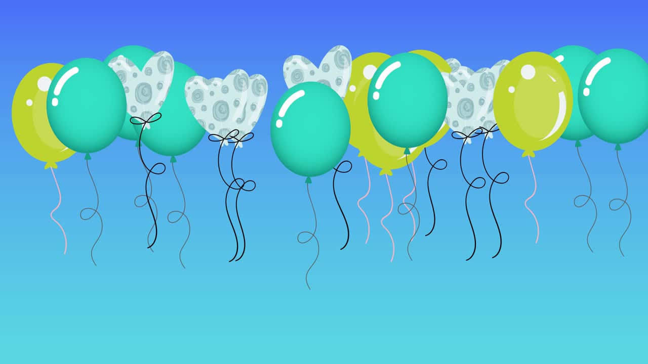 Animazione di palloncini colorati che rimbalzano su sfondo blu