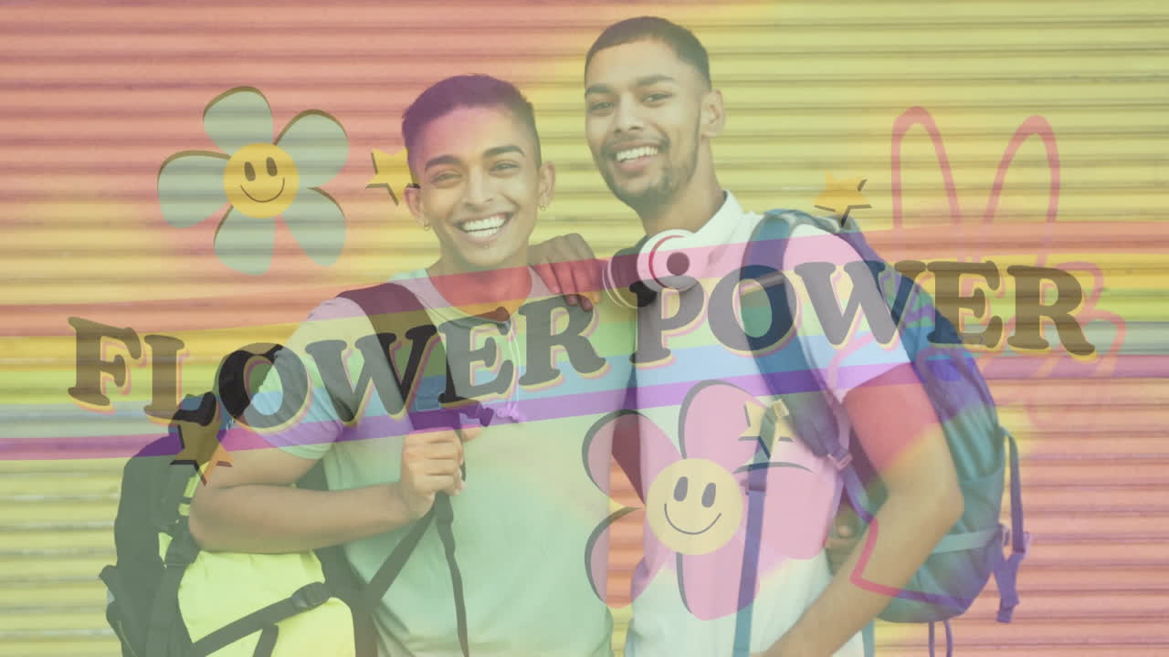 animación de texto de energía floral con arco iris y flores sobre una feliz pareja gay masculina