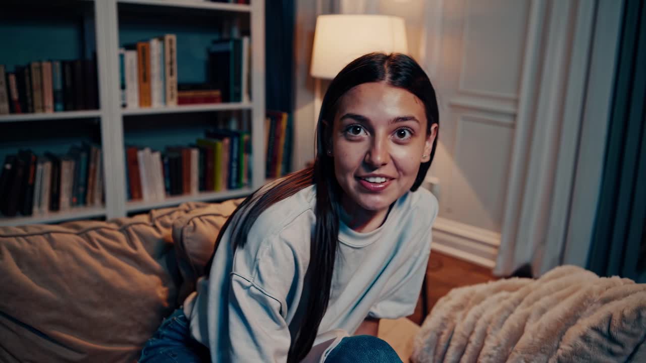 A woman sits on a cozy couch in a warmly lit room, speaking directly to the camera in a video
