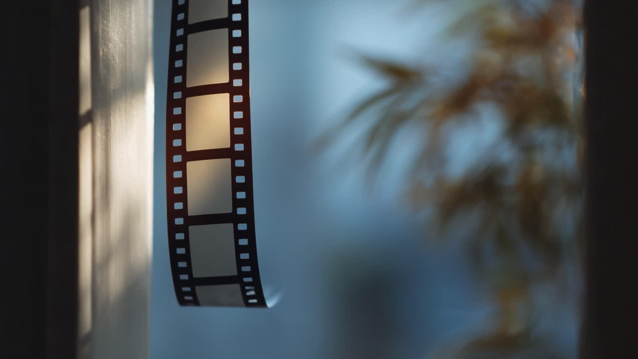 Immortaliser l’instant : un aperçu d’une pellicule élégamment suspendue dans une lumière douce, mettant en valeur la beauté intemporelle de la photographie argentique et des souvenirs nostalgiques