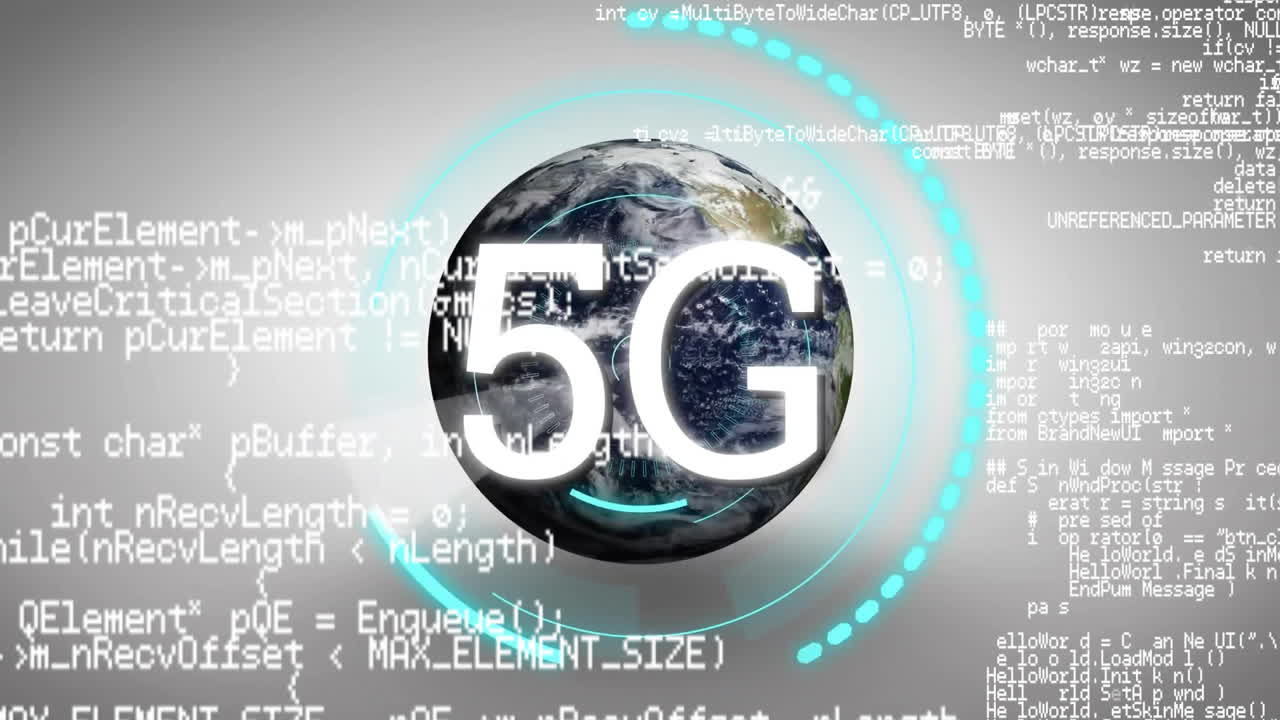 animazione di testo 5g, scansione del globo e elaborazione dei dati su sfondo grigio