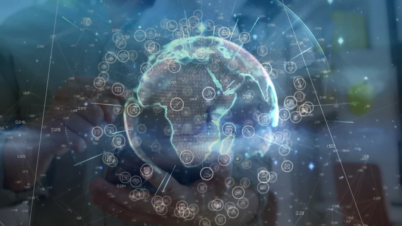 Digital globe with network connections and data processing animation over continents