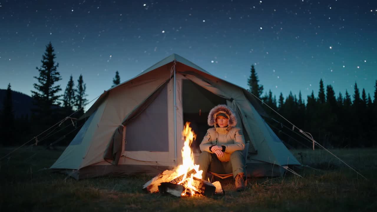 Watching growing, sparking flames, camper leaning toward campfire at night by tent, parka lit
