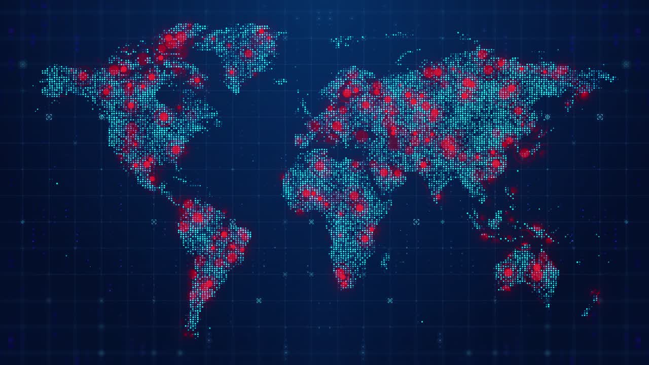 Digital World Map Animation Global Data Hotspots and Network Monitoring Background Loop