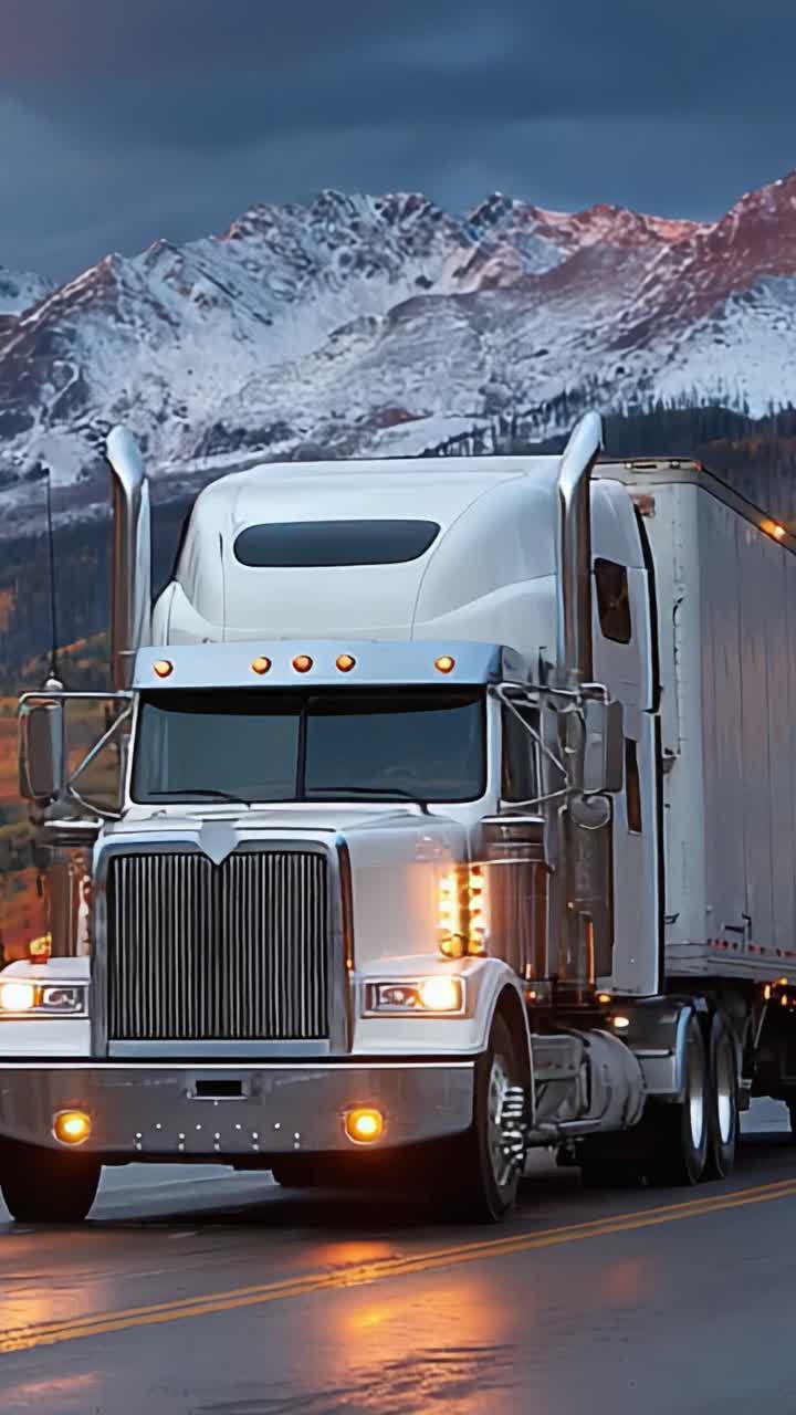 Un camion maestoso che viaggia tra le montagne autunnali al crepuscolo, mostrando la perfetta combinazione tra natura e trasporti in un paesaggio pittoresco