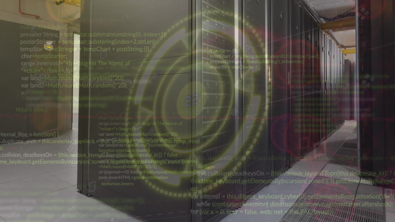 animación de iconos, lenguaje informático y círculo de carga sobre la sala de servicio