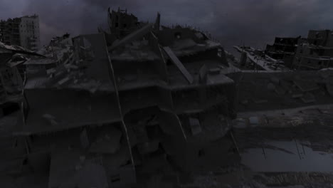 paisaje urbano destruido bajo un cielo tormentoso