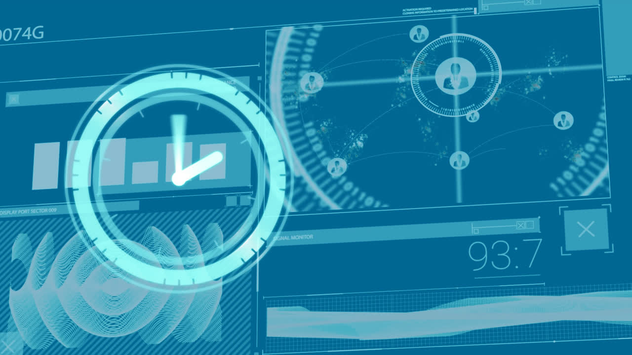파란색 배경에 눈이 내리고 도시 풍경 위에 움직이는 시계의 애니메이션