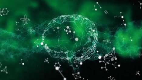 animación de moléculas y elementos químicos flotando y un cerebro hecho de conexiones girando en gr