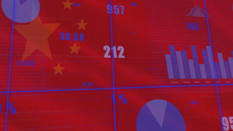 animation of statistical data processing against waving china flag background