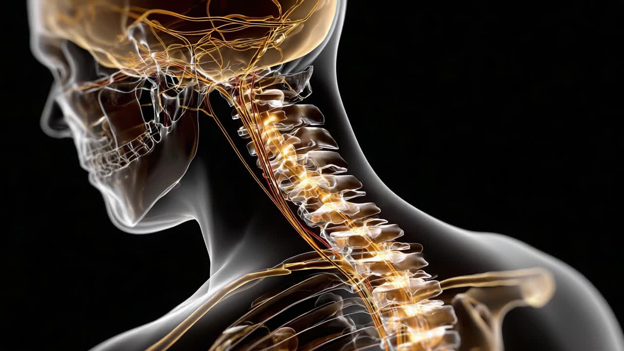 Visualizzazione dinamica dei percorsi neurali nella colonna vertebrale e nel cervello umano: Un'esplorazione radiosa della neuroanatomia e della connettività neurale