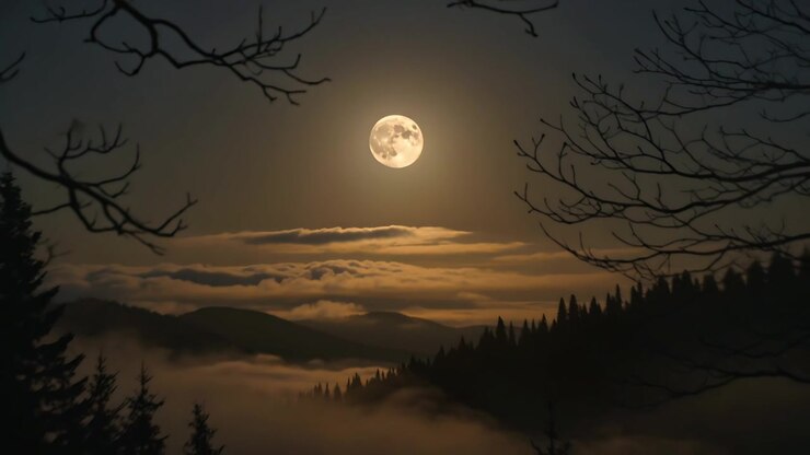 Luna piena luminosa che incombe centrata su una valle di montagna, illuminando nuvole in movimento, nebbia e un crinale di pini.