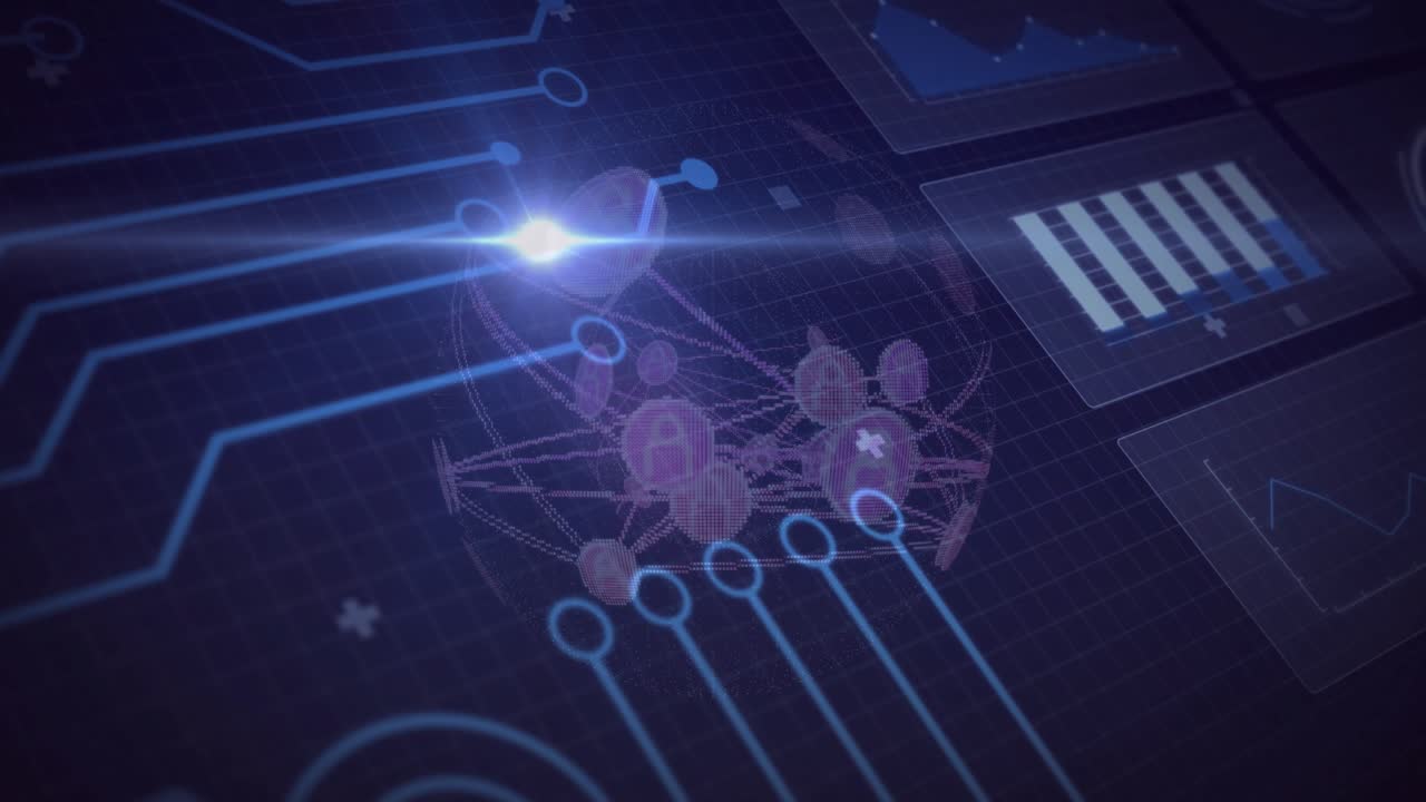 On startup network forming sphere and circuit traces attaching panels appearing visualizing data