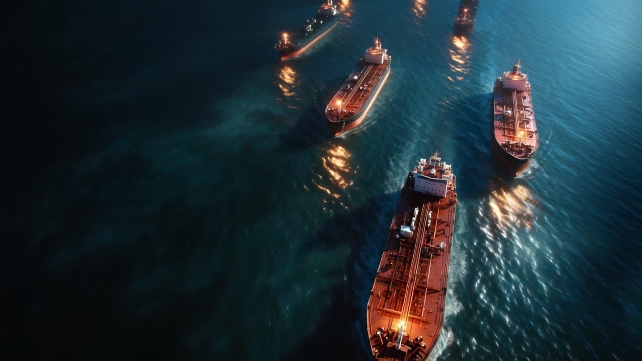 Luftfoto af olietankere, der sejler om natten. Varme lys skinner på fartøjerne. Mørkt vand reflekterer skibslysene. Skibe bevæger sig i konvojformation. Velegnet til energi-, skibs- eller maritime temaer