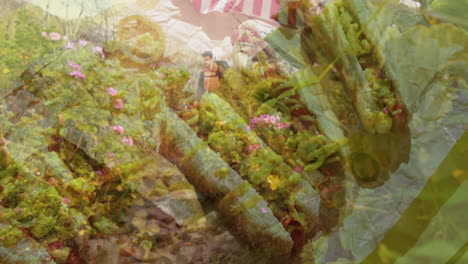 standing in lush garden, man surrounded by vibrant flowers and greenery animation