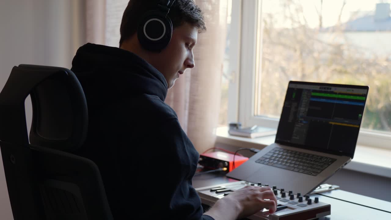 Young music producer wearing headphones creating new tracks using a laptop,midi keyboard and usb red interface, in a daylight home studio, focusing on digital audio production and sound engineering