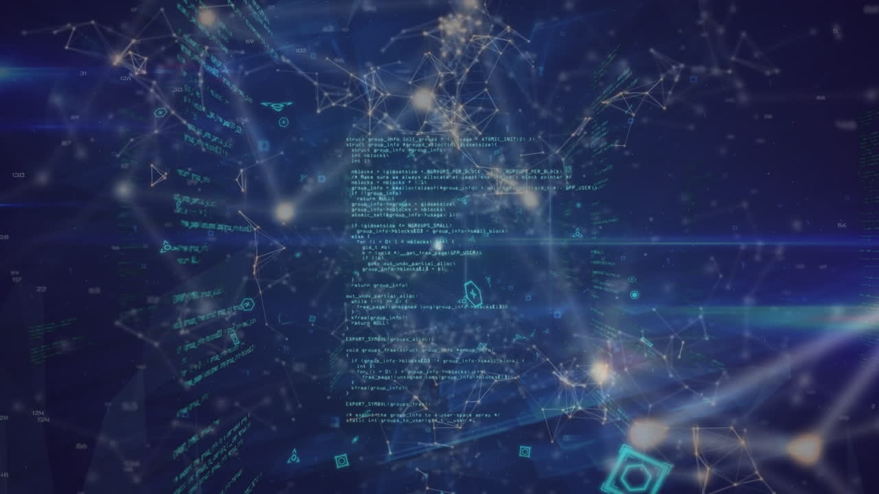 animación de la red de conexiones con iconos y procesamiento de datos sobre fondo azul