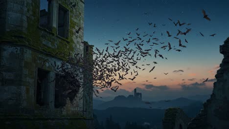 a mysterious abandoned castle scene at dusk, showcasing the flight of bats emanating from its ruined walls against a starry twilight sky