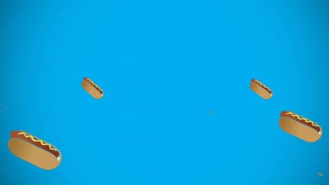 Animation-of-multiple-hot-dog-icons-on-blue-background