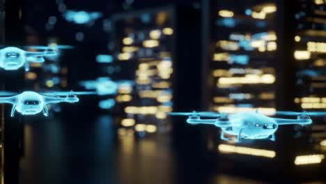 a futuristic exploration of autonomous drones navigating through an urban environment filled with glowing technology and data centers