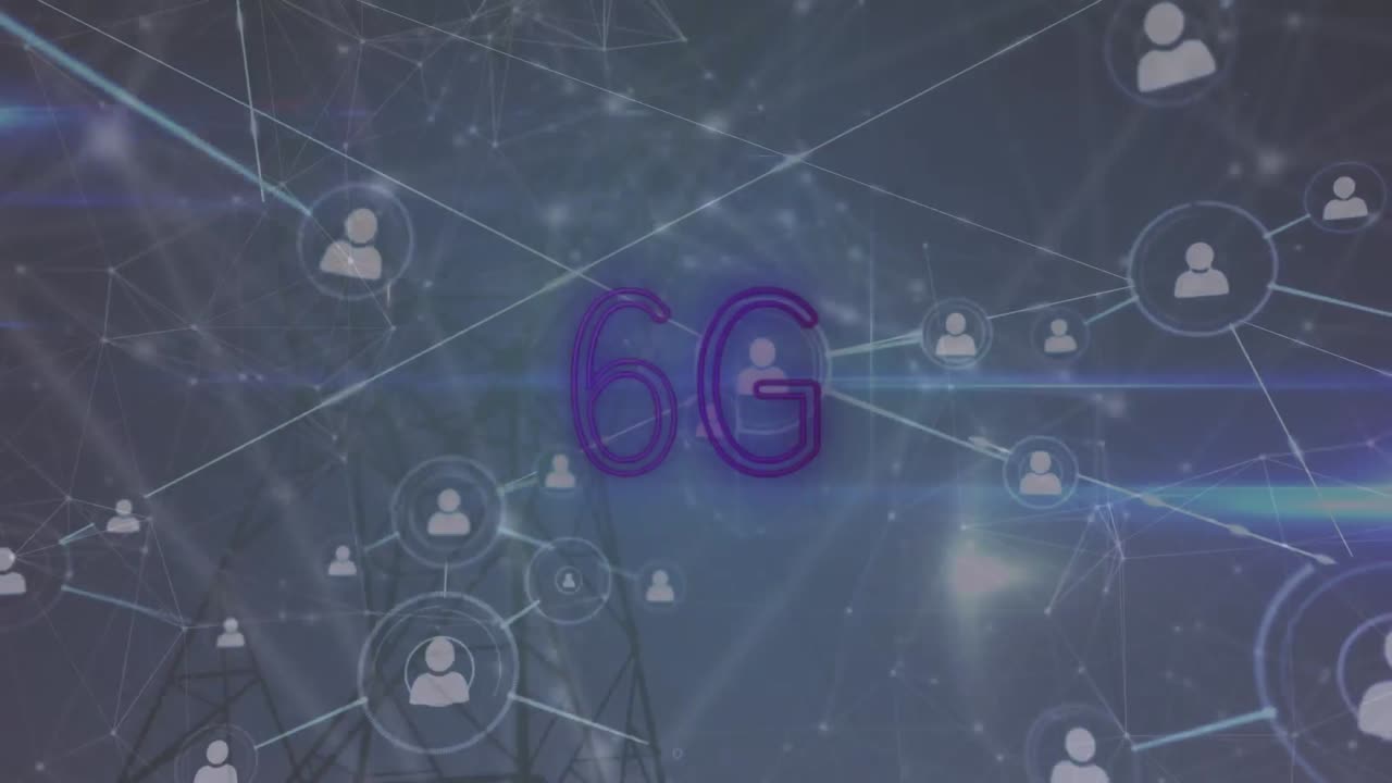 Animation af 6G-tekst og netværk af forbindelser over en elmast