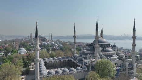 renovated blue mosque and hagia sophia drone video, april 2022 fatih, istanbul turkey