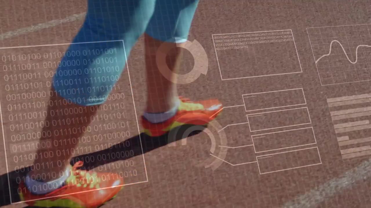 Lower legs moving along track, right foot lifting starting stride, HUD displaying performance data
