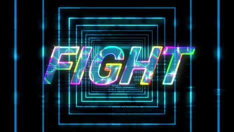 Electric-effect-over-fight-text-against-neon-blue-squares-in-seamless-motion-on-black-background