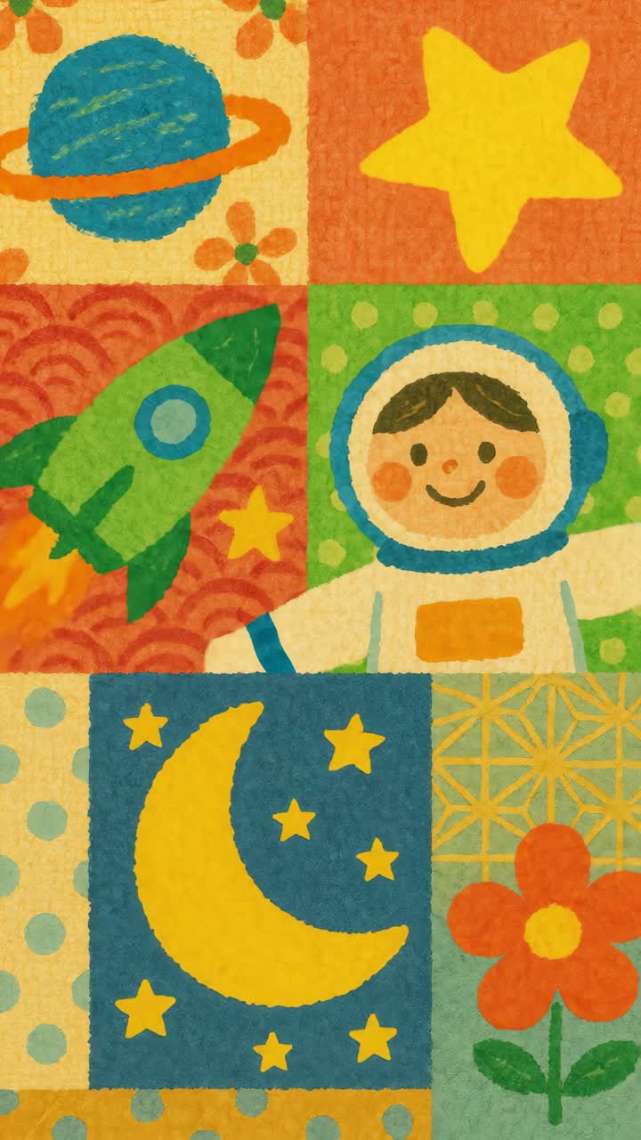 Colorful, playful space-themed illustration with planets, stars, and an astronaut