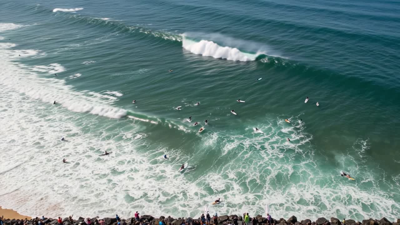 Vibrant Surfing Scene with Thrilling Waves and Enthusiastic Surfers Riding the Ocean's Crest Against a Stunning Coastal Backdrop