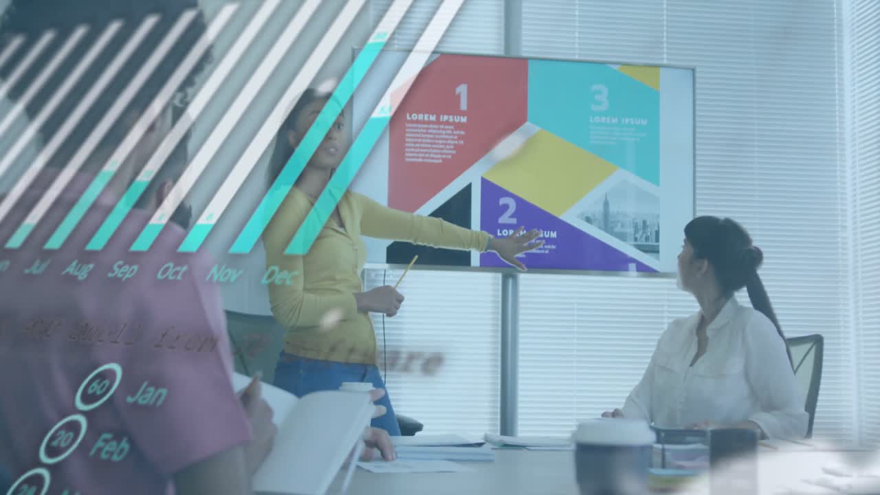 Animation of data processing over diverse business people in office