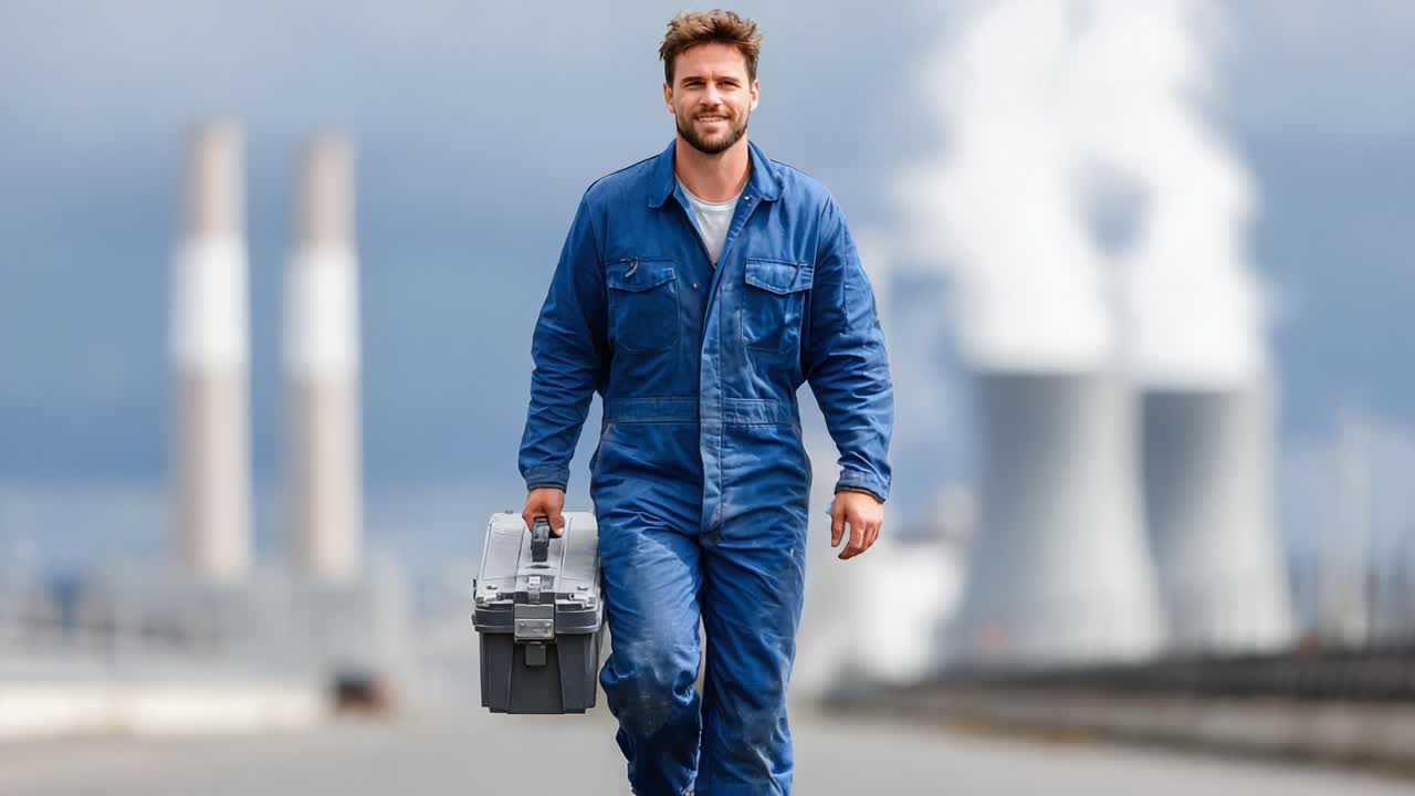 A confident worker in a blue jumpsuit walks proudly with a toolbox towards the camera, set against a backdrop of industrial structures and billowing smoke