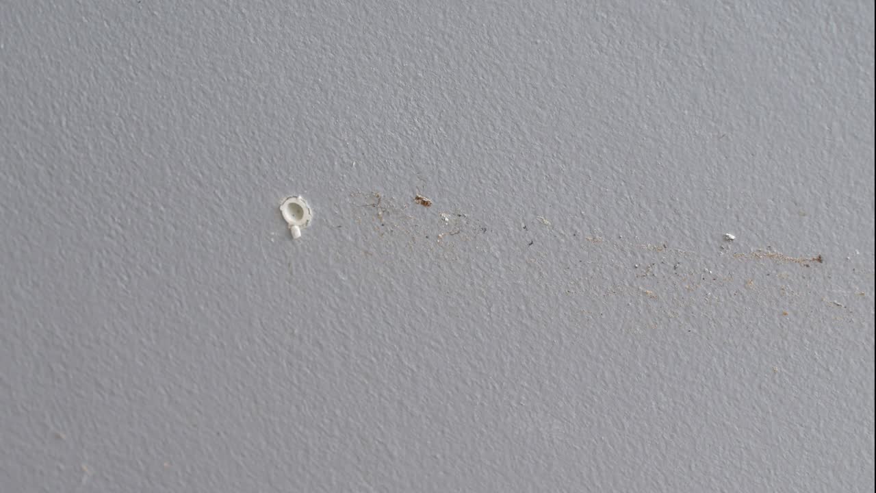 insertar cleat en la pared gris perforada y golpear con un martillo