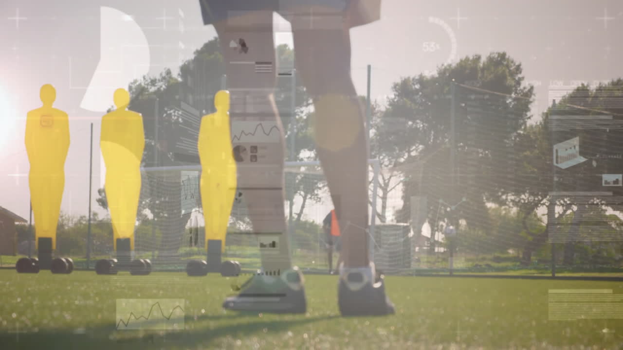 데이터 처리 애니메이션으로 축구 훈련 장비와 경기장에서의 선수