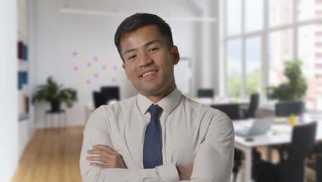 portrait of smiling businessman wearing collar and tie standing in modern open plan office