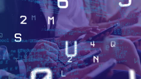 animation of numbers and letters over data processing and hands using smartphones