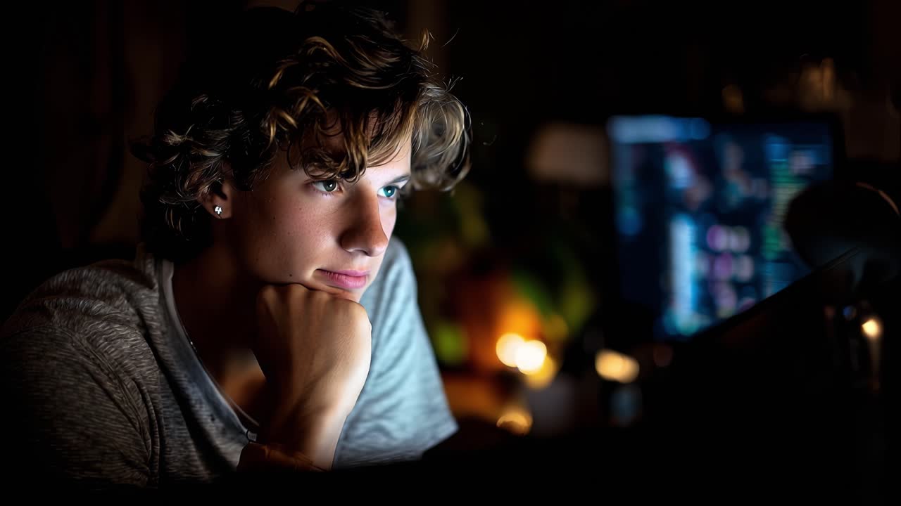 Giovane con capelli ricci immerso nei pensieri mentre fissa uno schermo del computer, illuminato da una luce soffusa, creando un'atmosfera contemplativa.