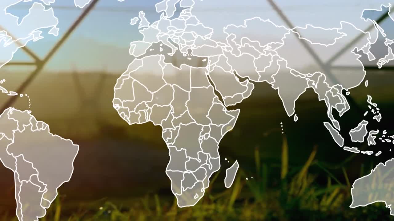 해가 지는 동안 전력 기둥 위에 있는 세계 지도의 애니메이션